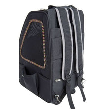 back view image of a black dog carrier with sunset strip highlights on the side pocket side facing left where you can see the should straps