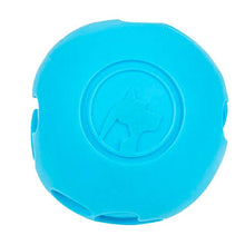 bottom view of a blue treat dispenser for dogs 