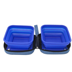 close up image of a portable blue water and food dog bowl 