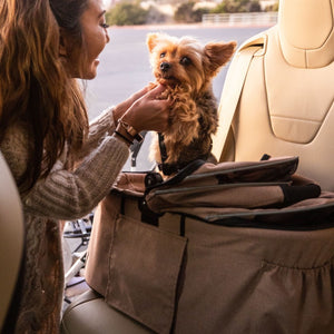 a close up image of a lady holding the dogs paws inside a brown dog carrier on a leather car seat