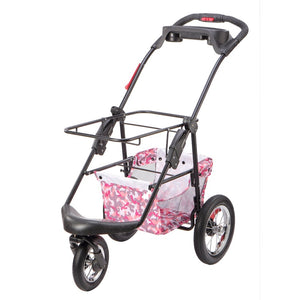 A frame of a Pet stroller with a pink camo colored organizer at the bottom
