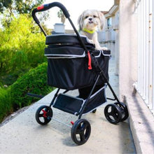 a cute little dog standing on a black dog stroller parked at the edge of the street with green bushes