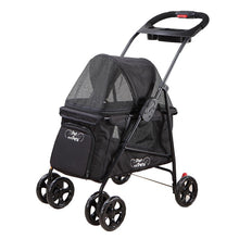 a black stroller with red buttons on the handle bars and two frontal wheels