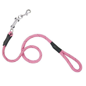 a reflective candy cane colored dog leash with safety lock at the end 