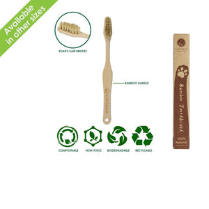 an image advertisement of a bamboo pet toothbrush and its features 