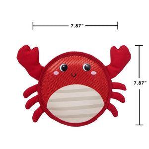a red crab dog toy with it's dimensions