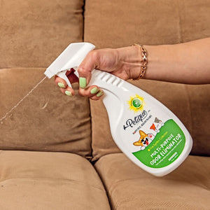a hand of a lady spraying a pet odor eliminator on a brown couch 