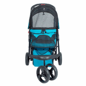 a front image of a blue dog stroller with front wheels facing right 