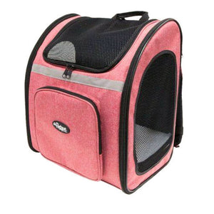 a front image of a pink dog carrier facing partially left and front pocket