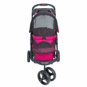 a front image of a razzberry colored dog stroller with its wheels facing right 