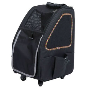 A Black colored Pet carrier with wheels at the bottom and the side pocket is opened
