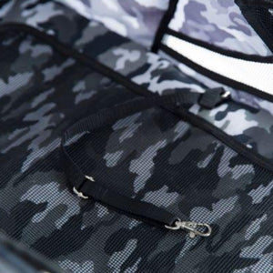 close up image of what's inside of a balck camo dog stroller and a close u view of a safety strap for dog leash