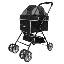 side view image of a black stroller facing left where you can see its two frontal wheels