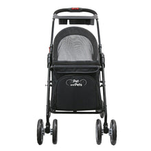 front view image of a balck dog stroller where you can see its to frontal wheels and a red button on the handle bars 