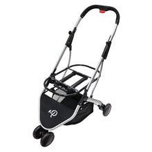 A stroller only showing steel frames with black organizer at the bottom and red button in the handle bars 