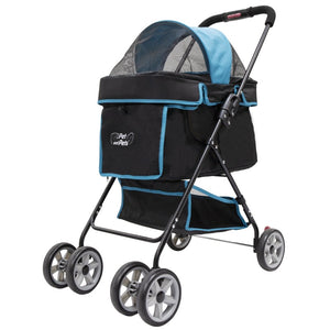 side view image of a black stroller with turquois accent facing left 