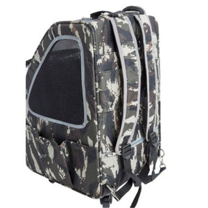 a close up image of an army camo dog carriers showing its right and back side 