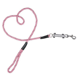 a tangled candy cane colored reflective dog leash with safety lock at the end