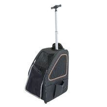 a fully extended handle bar of a black dog carrier with sunset strip accent on the side 