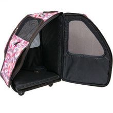 an opened pink camo dog carrier