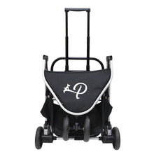 front image of a balck stroller with handle bars fully extended at the back