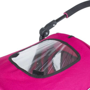 a close up image of the top view cover of a red violet dog stroller 