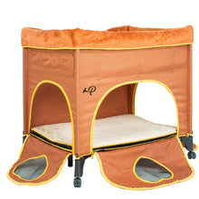a side view image of a Brown Lounge Dog Bed, Lion's Den with all doors open