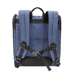 back view image of a denim colored dog carrier with back pack straps 
