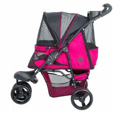 a side view image of a razzberry colored dog stroller facing left 