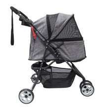 side view image of a grey colored dog stroller face right