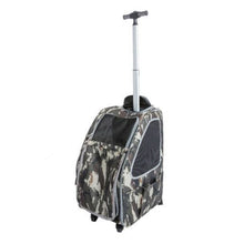 a full view image of an army camo dog carrier with its stroller handle fully extended