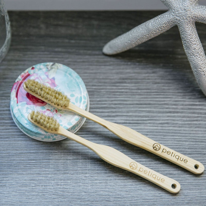 a close up image of a bamboo toothbrush laying on a jar lid next to a starfish ornament 