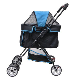 side view image of a black stroller facing left with turquois accent