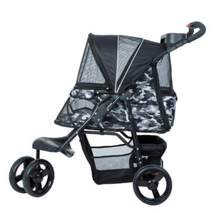 side view image of a black camo colored dog stroller facing left 