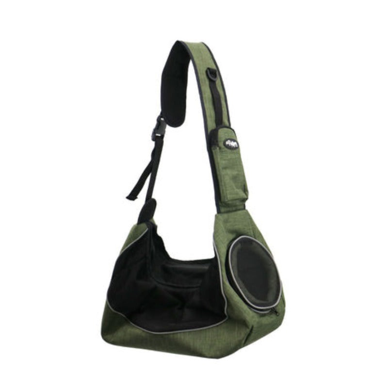 full view image of a  green sling pet carrier 