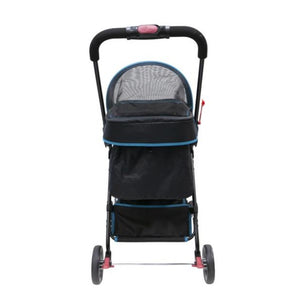 back view image of a black stroller with red buttons on the handle bars and red break lock
