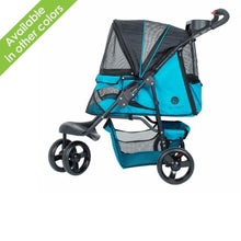side view image of a blue dog stroller facing left with blue organizer at the bottom  