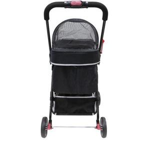 back view image of a black dog stroller where you can see the handle bars with red buttons and red break lock at the hind wheels 