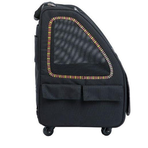 side view image of a black dog carrier with sunset strip highlights facing right 