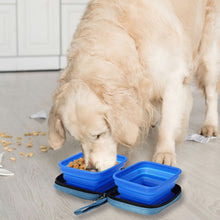 a big white dog eating on a blue portable dog bowl with some dog foods scattered on the side 