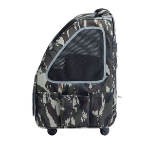 an army camo dog carrier facing right showing its pockets on the side 