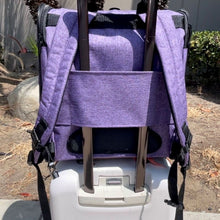 back view image of an orchid backpack dog carrier attached to a fully extended handle bar of a luggage carrier on the street
