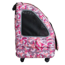 side view image of a pink camo dog carrier facing right 