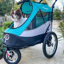 a dog inside a blue green dog stroller in the sidwalk of a park 