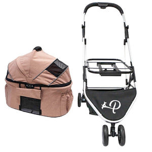 a dessert rose colored dog carrier next to a dog stroller with frames only 