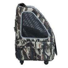 an army camo dog carrier facing left showing its pockets on the side 