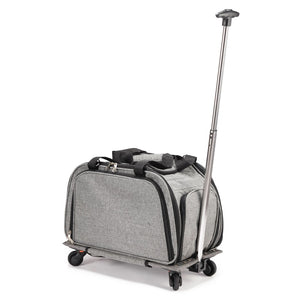 a grey dog carrier/camper with the handle bars fully extended facing left 