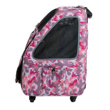 side view image of a pink camo dog carrier facing left 