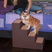 a tiny fluffy dog standing on a brown dog stair next to woman sitting on a blue bed