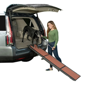 A black senior dog getting off a silver car through a full length pet gear tri-fold ramp being assisted by a woman wearing an olive green shirt in white background